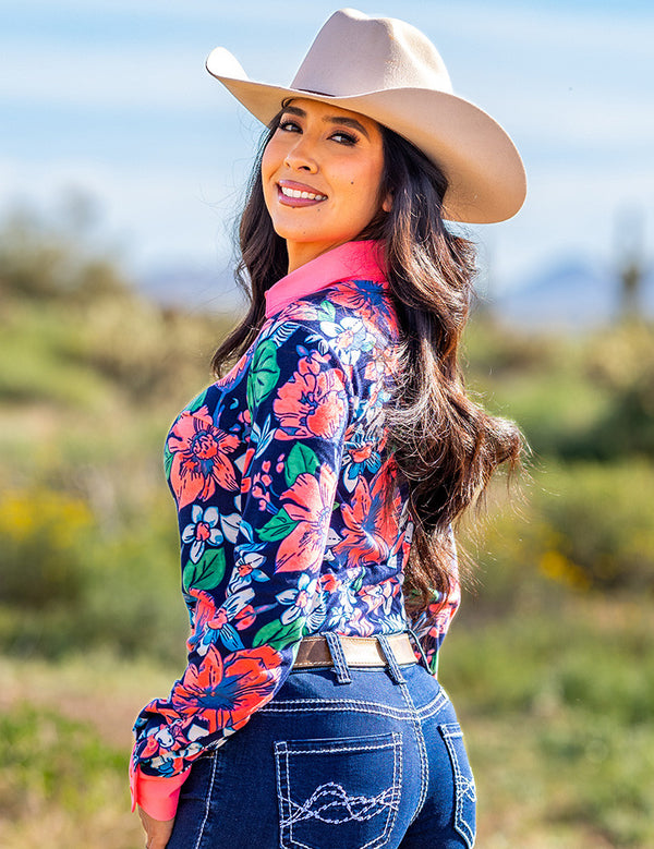NAVY & WATERMELON FLORAL JERSEY  PULLOVER BUTTON UP