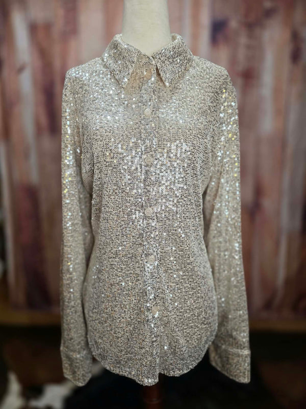 Silver Sequence Collared Button Down