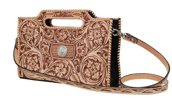 Chic Clutch/CrossBody with Floral Carving, Brown