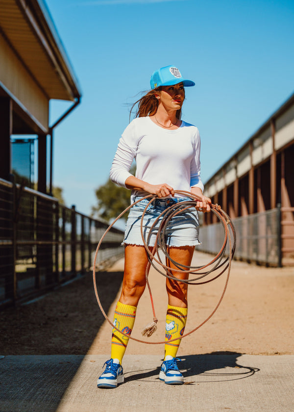 Cactus Alley-Chicken Roping Yellow Performance Boot Socks