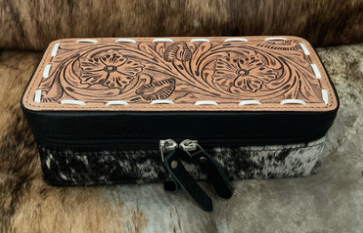 Tooled Leather/Cowhide Mini Plus Travel Jewelry Case