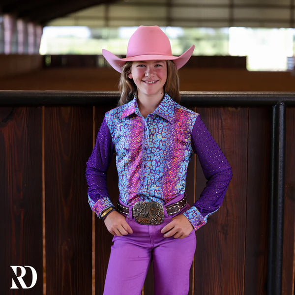 *YOUTH* COSMIC CHEETAH MESH SLEEVE PERFORMANCE RODEO SHIRT