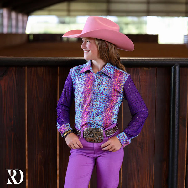 *YOUTH* COSMIC CHEETAH MESH SLEEVE PERFORMANCE RODEO SHIRT