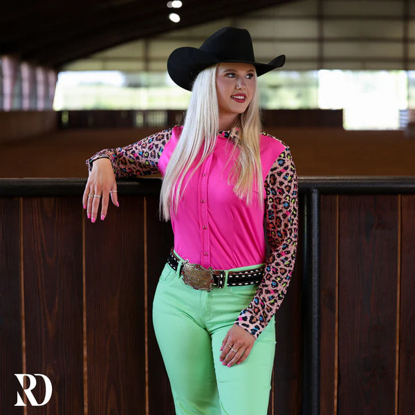 NEON LEOPARD MESH SLEEVE PERFORMANCE RODEO SHIRT
