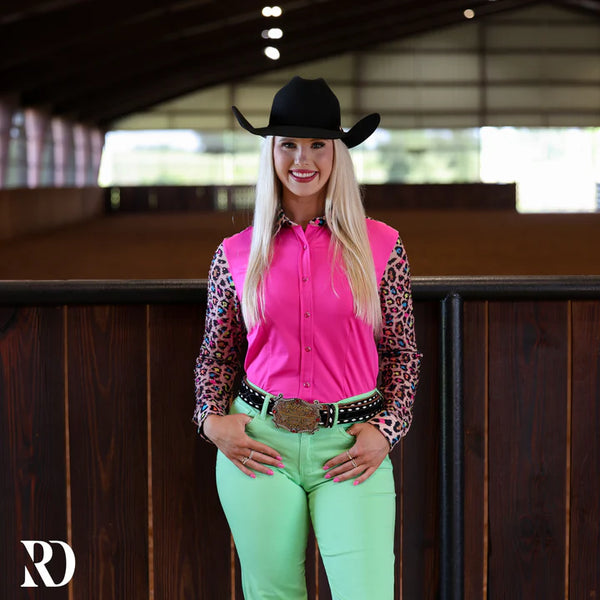 NEON LEOPARD MESH SLEEVE PERFORMANCE RODEO SHIRT