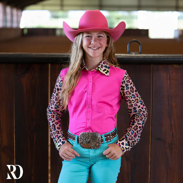 *YOUTH* NEON LEOPARD MESH SLEEVE PERFORMANCE RODEO SHIRT
