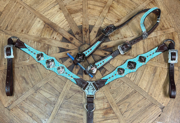 Rockn' Wilson's Turquoise Snake, Brown Buckstitch w/ Feather Conchos