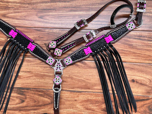 Black Cheetah w/Pink Cross Stitch & Flowing Fringe