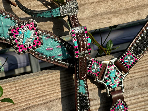 Black Chunky Glitter w/Turquoise, Pink and Lightning Bolts