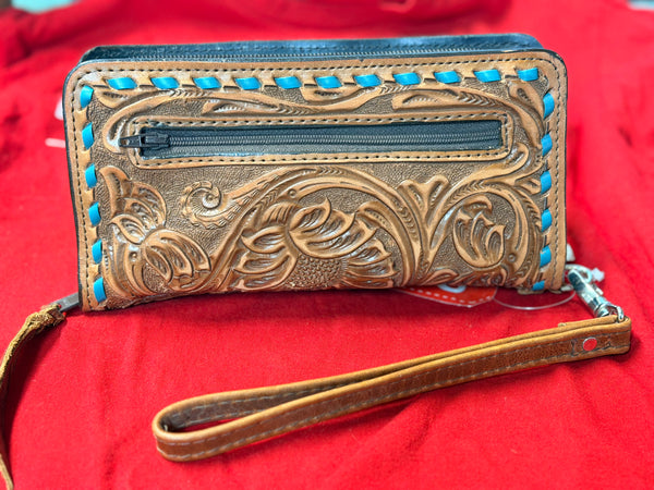 DOU J PECAN VINTAGE-SUNFLOWER TOOLED- TURQ BUC KSTITCH-ZIPPER WALLET