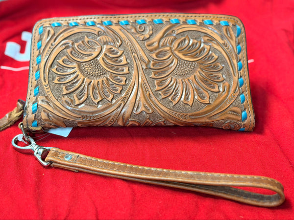 DOU J PECAN VINTAGE-SUNFLOWER TOOLED- TURQ BUC KSTITCH-ZIPPER WALLET