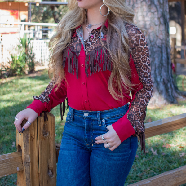 Cowgirl Tuff Pullover Button-Up (Red Lightweight Breathe with Sheer Leopard Accents, Rose Patches, and Fringe)