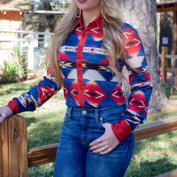 Cowgirl Tuff Pullover Button-Up (Red And Blue Western Print Mid-weight Stretch Jersey)