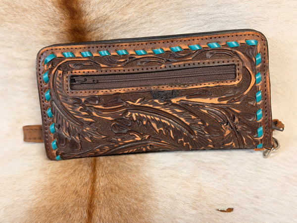 DOU J BRN VINTAGE-FEA TOOLING-TURQ BUCKSTITCH-ZIPPER WALLET