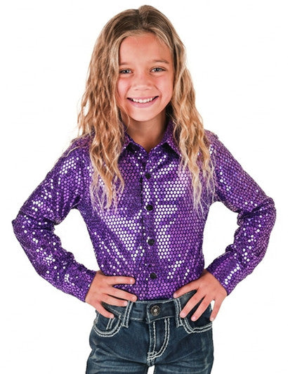 Cowgirl Tuff Girl's Purple & Teal Foil Metallic Pullover Button Up Lightweight & Medium Stretch