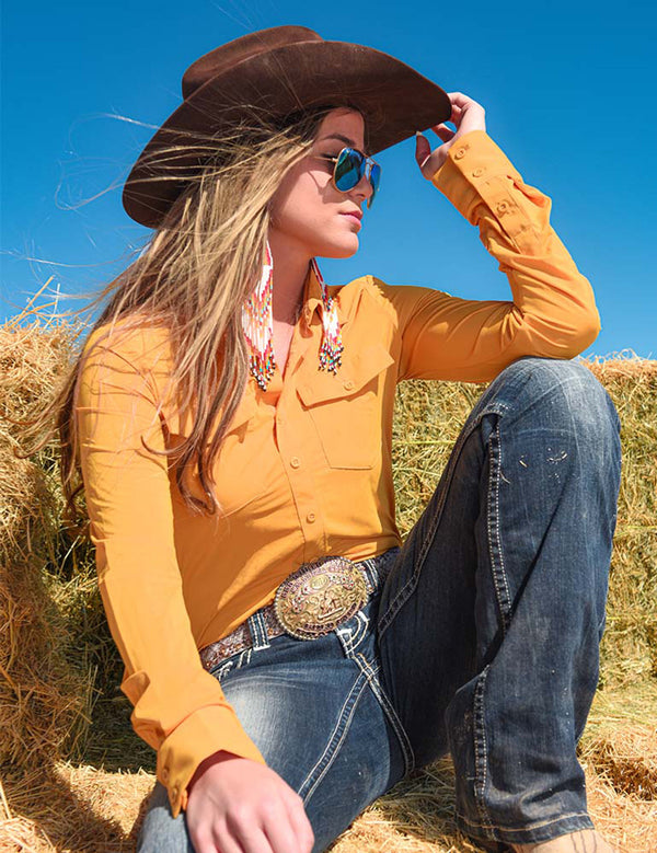 Cowgirl Tuff Breathe Instant Cooling UPF Pullover Button Up - Gold