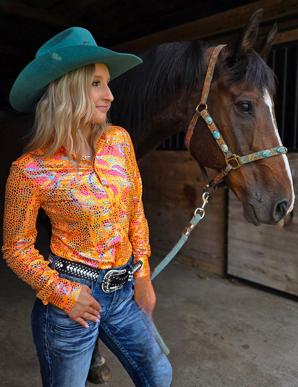 Bright Orange w/Iridescent Colorful Print Lightweight Pullover
