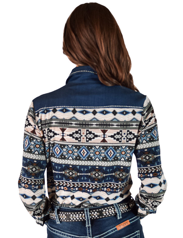 Aztec Denim Jersey Pullover Button Up in medium stretch