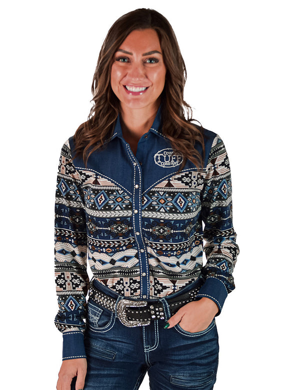 Aztec Denim Jersey Pullover Button Up in medium stretch