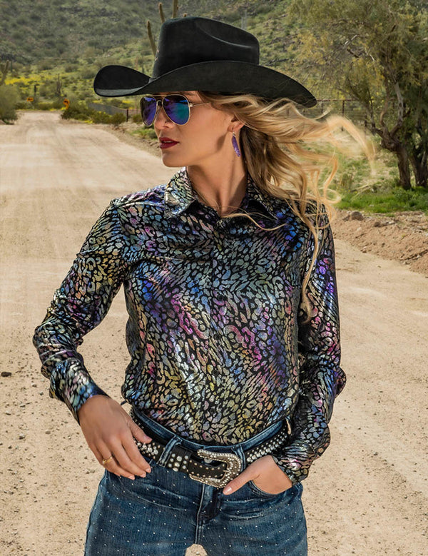 Cowgirl Tuff Pullover Button Up Foil Leopard