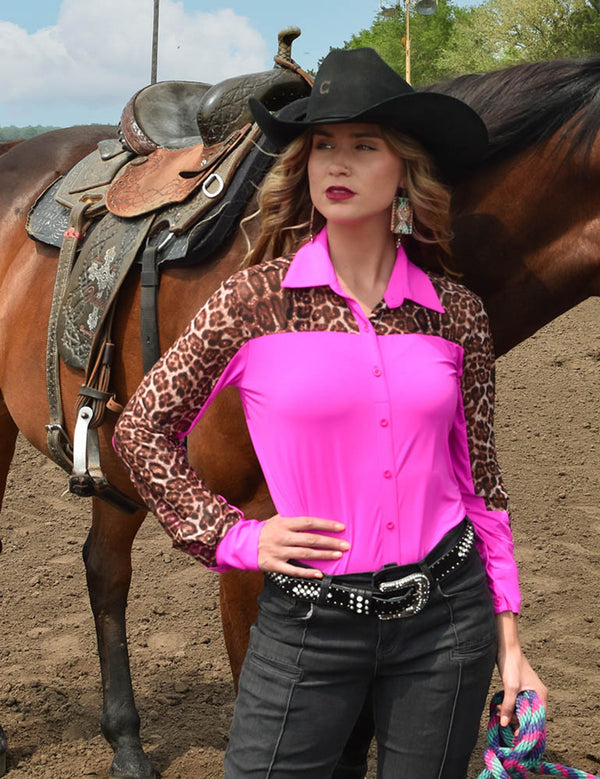 Cowgirl Tuff Pullover Button Up-Pink Lightweight Breathe with Leopard Mesh