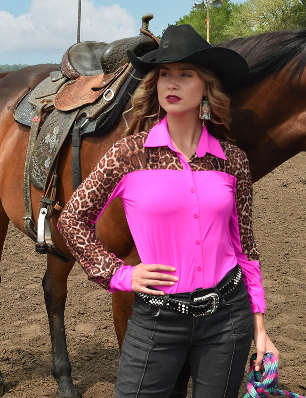 Cowgirl Tuff Pullover Button Up Pink Lightweight Breathe with Leopard Josey Western Store