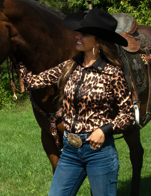 Cowgirl Tuff Pullover Button Up Leopard with Black Accents