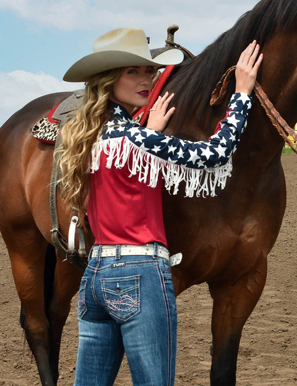 Cowgirl Tuff Pullover Button Up Light weight Knit- Stars, Stripes, and Fringe