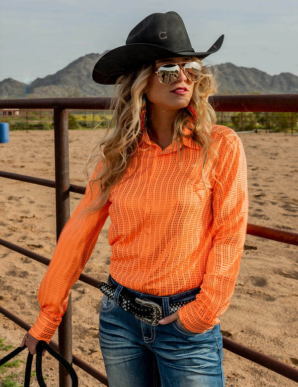 Cowgirl Tuff Pullover Button Up Tangerine Shiney