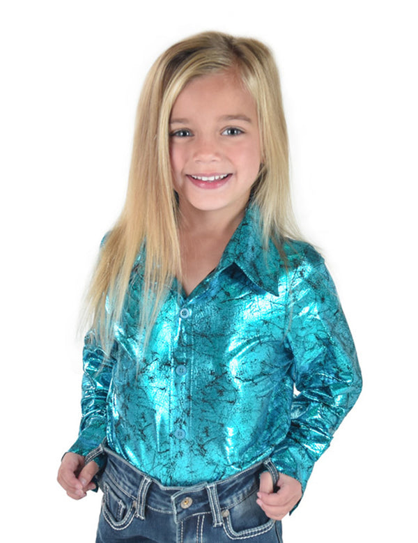 Cowgirl Tuff Youth Pullover Button Up Shiny Turquoise