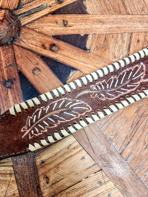 Double J Custom Breast Collar w/ Cream Buck Stitch and Painted Tooled Feathers