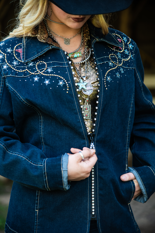 Denim Jacket with Rhinestones and Gold Detailing – Josey Western Store
