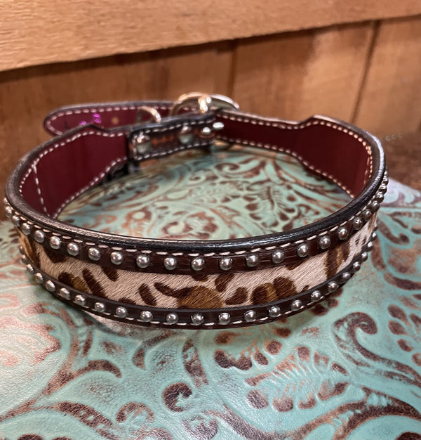 DOG COLLAR-TOOLED-LEOPARD PRINT HAIR ON INLAY