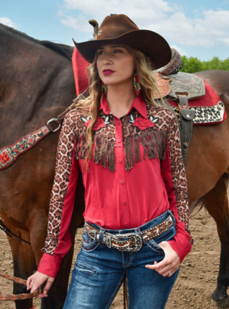 Cowgirl Tuff Pullover Button-Up (Red Lightweight Breathe with Sheer Leopard Accents, Rose Patches, and Fringe)