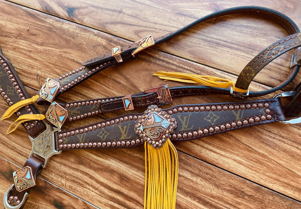 Western Brown Leather Tack set of Headstall & Breast collar with LV Inlay