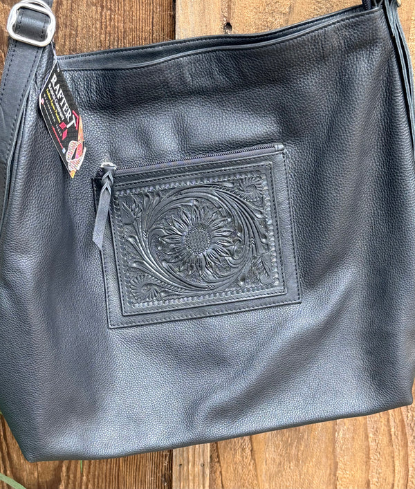 3-WAY BLACK LEA GRAIN BAG w/ CARVED LEA  SUNFLOWER PATCH