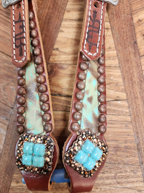 Rockin Wilson Custom Headstall Turquoise Aztec W/ Stone Conchos