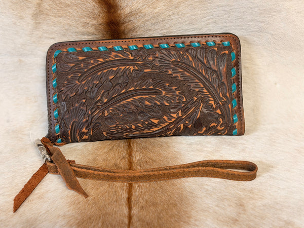 DOU J BRN VINTAGE-FEA TOOLING-TURQ BUCKSTITCH-ZIPPER WALLET