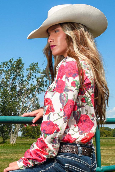 Cowgirl Tuff Pullover Button-Up - Rose Print