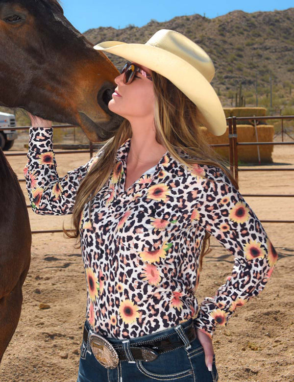Cowgirl Tuff Pullover Button Up- Sunflower Cheetah