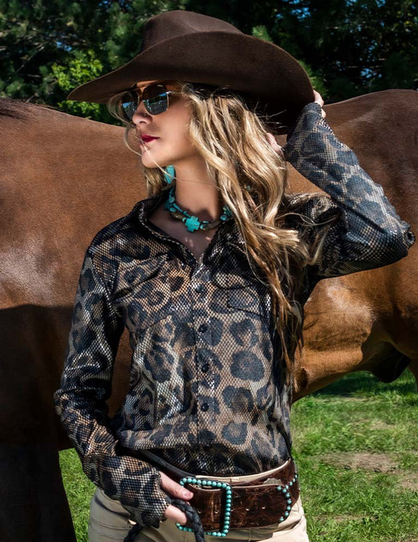 Cowgirl Tuff Pullover Button Up- Shiney Leopard