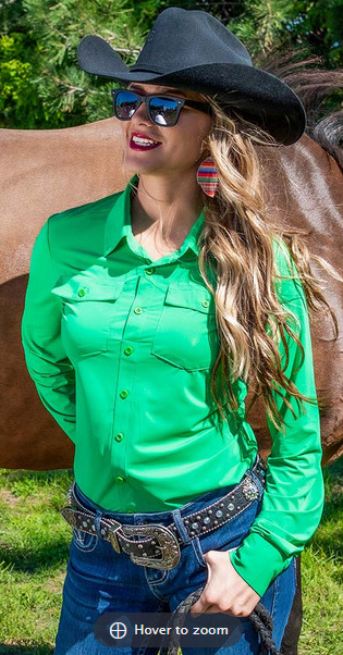 Cowgirl Tuff Breathe Instant Cooling UPF Pullover Button Up - Money Green