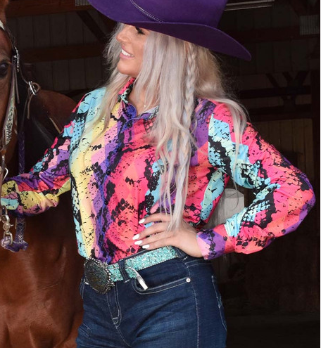 Cowgirl Tuff Pullover Button-Up -Colorful Snakeskin