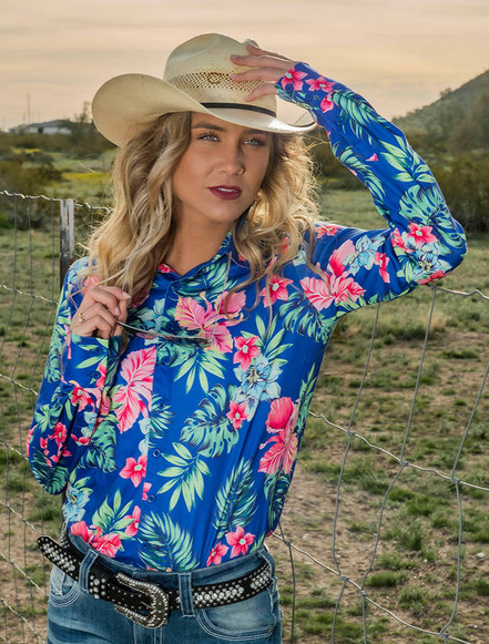 Cowgirl Tuff Pullover Button-Up - Hawaiian Print Mid-weight Stretch Jersey