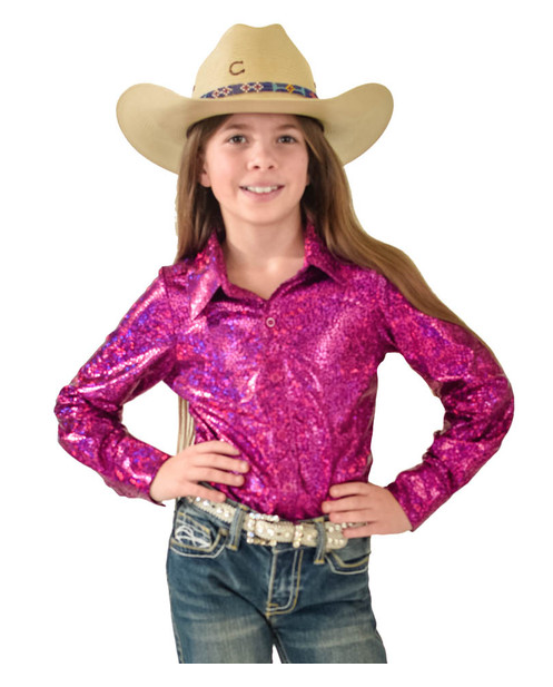 Cowgirl Tuff Youth Pullover Button-Up - Hot Pink Metallic Lightweight Stretch Jersey