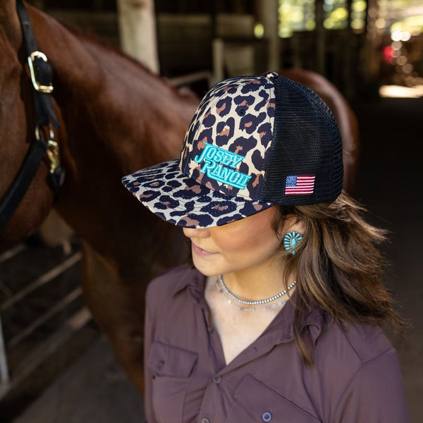 Josey Ranch Custom Cap Cheetah with Turq Embroidery Pony Tail