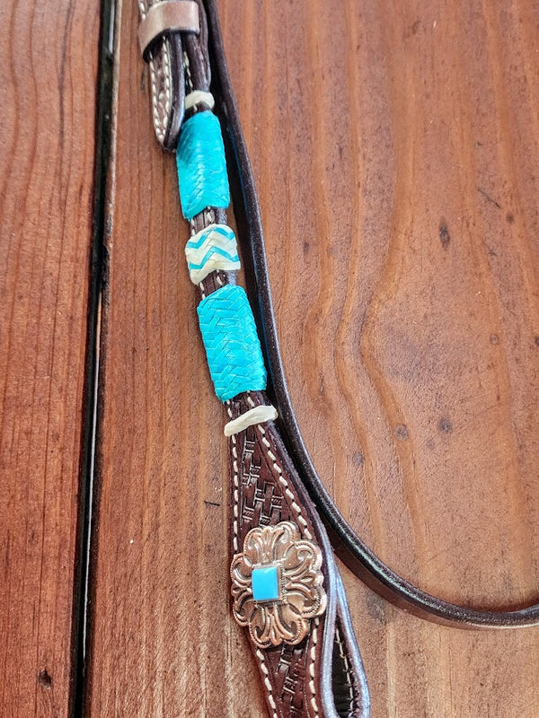 Turquoise & White Rawhide Wrapped Browband Headstall