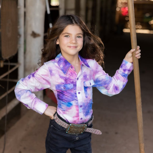 Cowgirl Tuff Youth Pullover Button Up-Galaxy Print